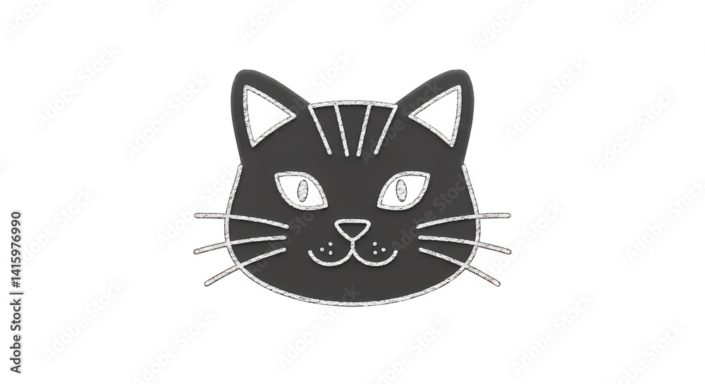 Stylized Black Cat Head with Silver Outlines on White Stylized Black Cat Head with Silver Outlines on White