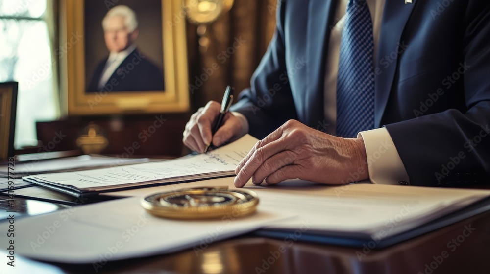 A somber politician sits at a desk tered with papers and a large government seal. Their hand pauses midsignature a look of contemplation on their face as they reflect on the implications