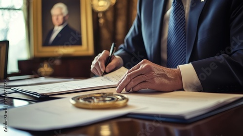 Obraz na płótnie A somber politician sits at a desk tered with papers and a large government seal. Their hand pauses midsignature a look of contemplation on their face as they reflect on the implications w salonie