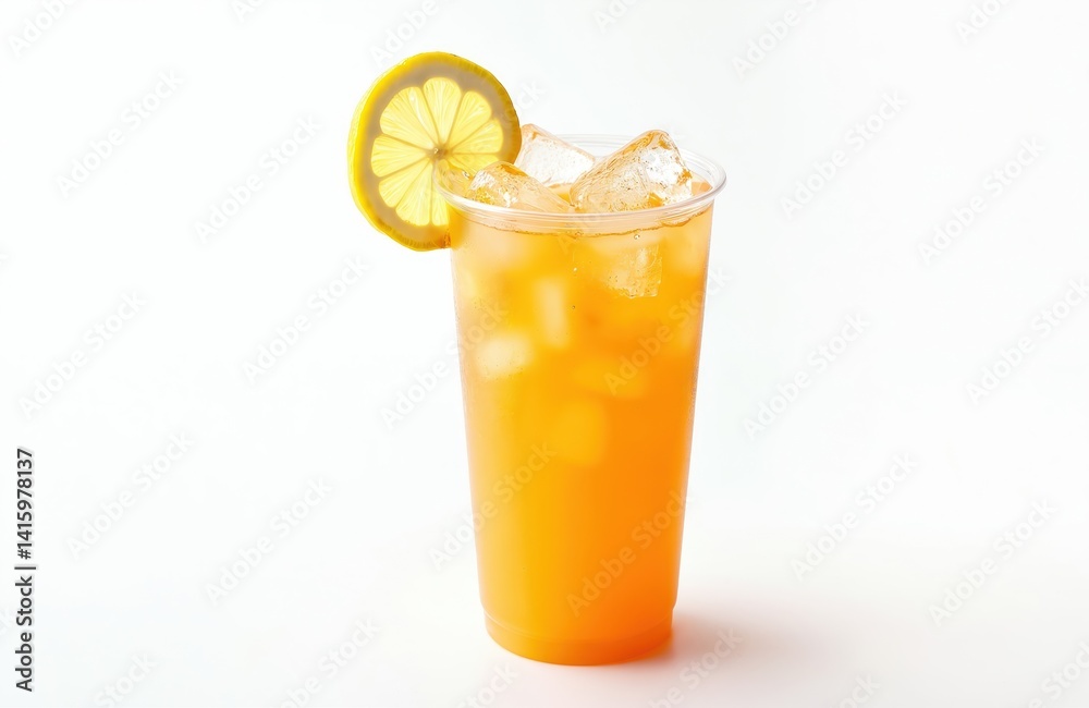 Refreshing peach mango drink in transparent glass with ice cubes, lemon slice. Cold beverage for hot summer day. Sweet cold cocktail for quenching thirst. Vitamin drink, juice, lemonade fruit Refreshing peach mango drink in transparent glass with ice cubes, lemon slice. Cold beverage for hot summer day. Sweet cold cocktail for quenching thirst. Vitamin drink, juice, lemonade fruit