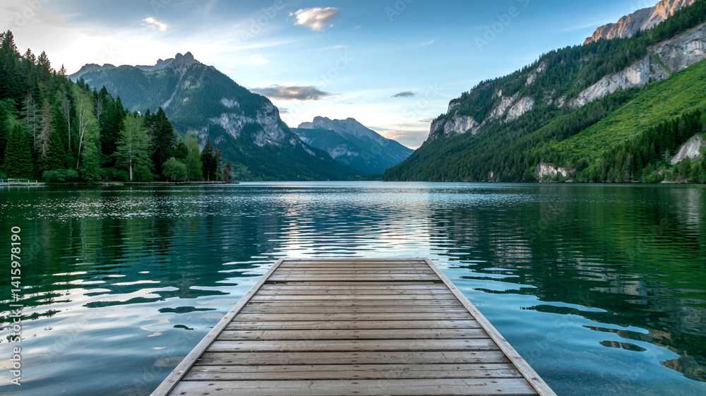 Lake view stock photo of mountain landscape with pier and trees for travel and nature photography Lake view stock photo of mountain landscape with pier and trees for travel and nature photography
