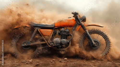 Old dirt bike kicking up dust on rugged terrain in desert landscape