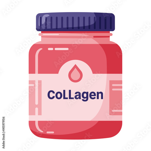 Collagen Supplement Jar Vector. Flat style with vibrant colors, isolated graphic. Health, beauty, wellness, nutrition concept, skincare product icon, dietary supplement illustration