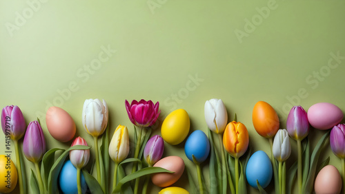 Colorful Easter eggs and tulips arranged on a light green background, framed by a floral border
