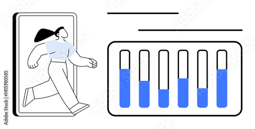 Woman exits phone frame while facing bar chart with blue progress indicators. Ideal for progress tracking, digital analytics, growth, innovation, technology, mobility, simple landing page