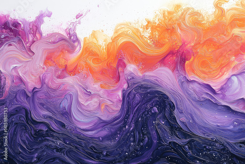 Dynamic Abstract Swirl of Vibrant Pink Orange Purple and Deep Navy Blue Fluid Acrylic Paints