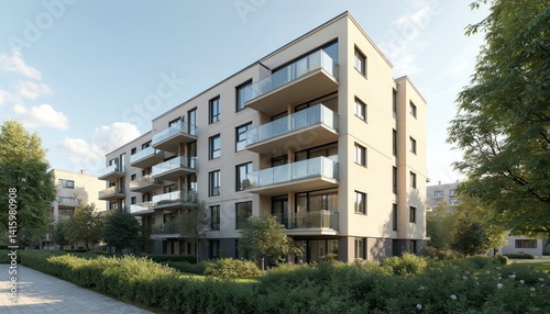 Modern apartment building with landscaping. Low-rise residential complex with modern architecture in Germany. Urban buildings, apartment block. Green plants, gardens, trees, sky. Real estate, housing