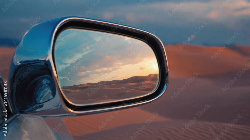 Naklejka premium A car's side view mirror reflecting a stunning desert sunset.