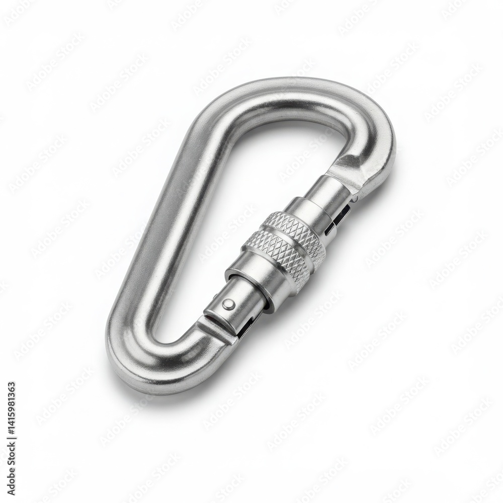 A shiny metal carabiner with a screw gate mechanism is displayed isolated on white background A shiny metal carabiner with a screw gate mechanism is displayed isolated on white background