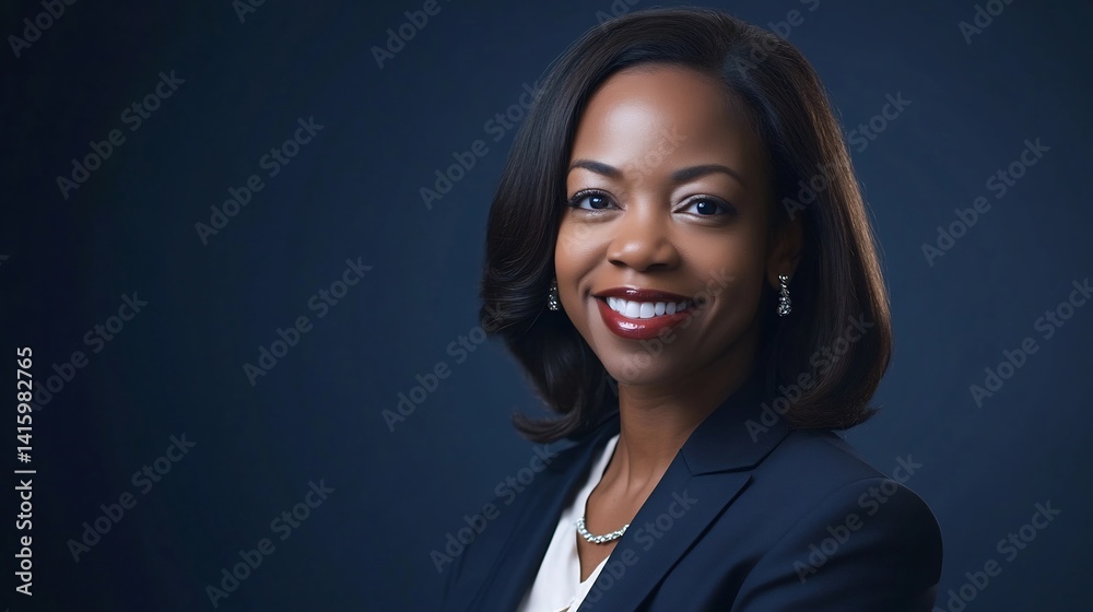 Fototapeta premium Headshot of HR Manager calm authoritative expression dressed formal business attire exuding leadership focus employee engagement seamless navy background add sophistication soft yet strong lighting