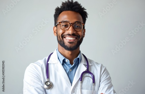 Close-up headshot of smiling young male doctor wearing white coat round eyeglasses, stethoscope around neck. Happy confident pro looks at camera on grey background.