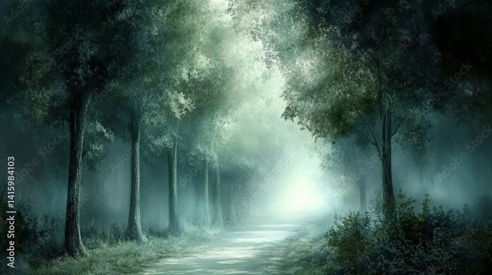 Enchanted Woodland Path with Hazy Morning Light and Tall Trees Enchanted Woodland Path with Hazy Morning Light and Tall Trees