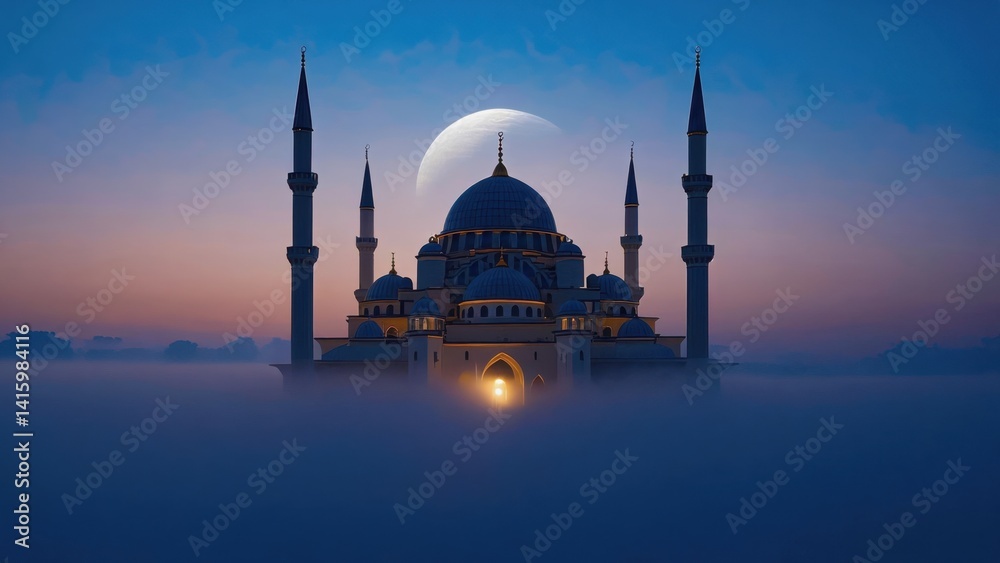 Obraz premium The mosque, a significant landmark, stands serene and majestic against the sky, its domes and minarets illuminated by the warm glow of sunlight.