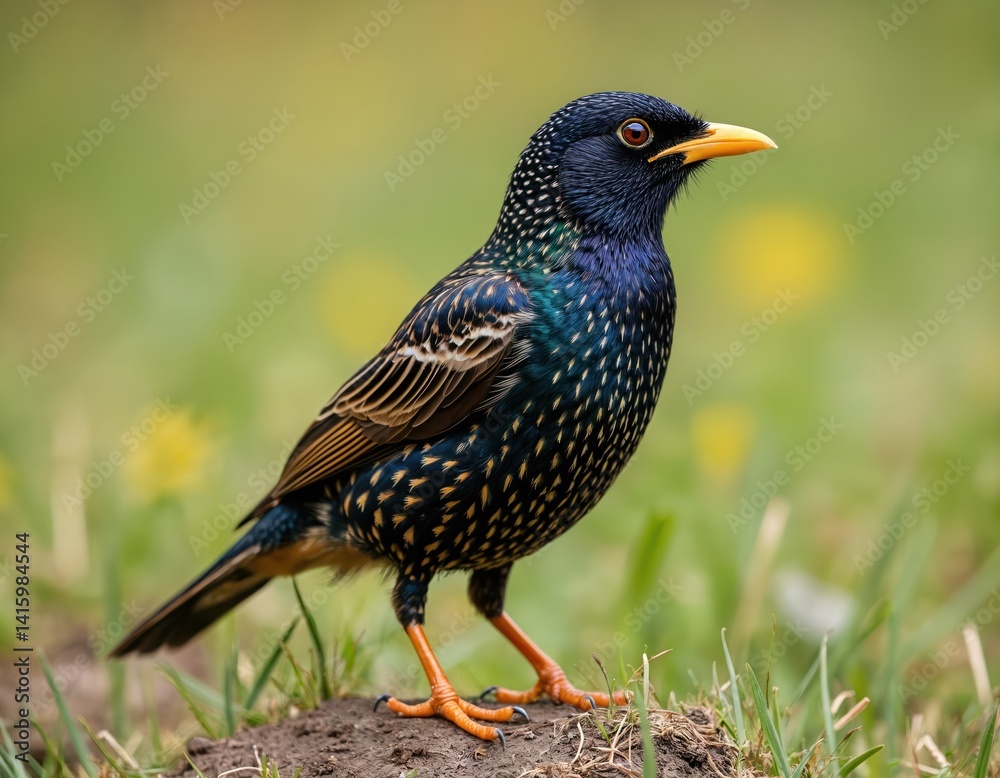 Starling perched on ground, green background. Bird stands, looking right. Wildlife animal in natural habitat. Black, blue, brown plumage. Bright orange legs, yellow beak. Ornithology concept for Starling perched on ground, green background. Bird stands, looking right. Wildlife animal in natural habitat. Black, blue, brown plumage. Bright orange legs, yellow beak. Ornithology concept for
