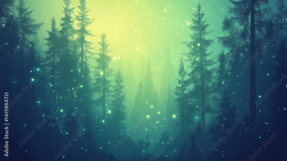 Magical Twilight Forest Scene with Floating Light Particles Magical Twilight Forest Scene with Floating Light Particles