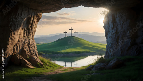 View from a cave showing three crosses on a distant hill at sunrise, framed by rocky walls and a serene landscape and a calm body of water is visible in the background, resurrection Jesus 