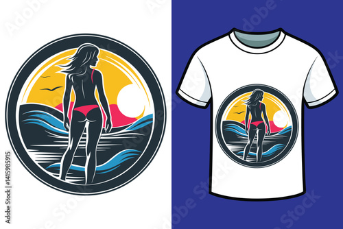 piękna i szczupła kobieta stojąca przodem nad brzegiem oceanu vector t_shirt design