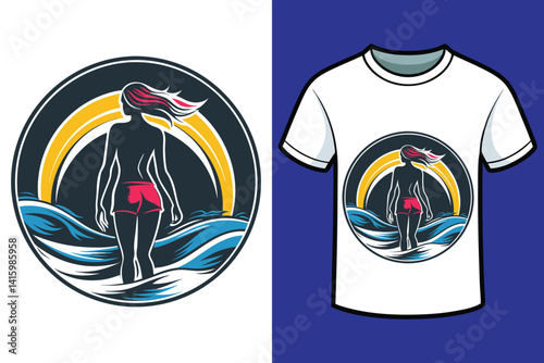 piękna i szczupła kobieta stojąca przodem nad brzegiem oceanu vector t_shirt design