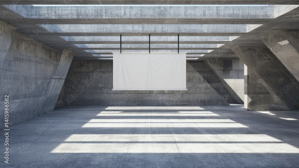 Fototapeta premium An open, industrial cement hall with minimalist decor and bright natural light creating dramatic shadows.
