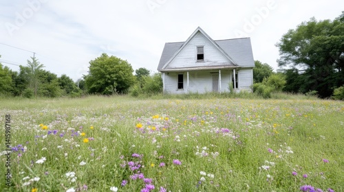Abandoned farmhouse amidst a vibrant meadow