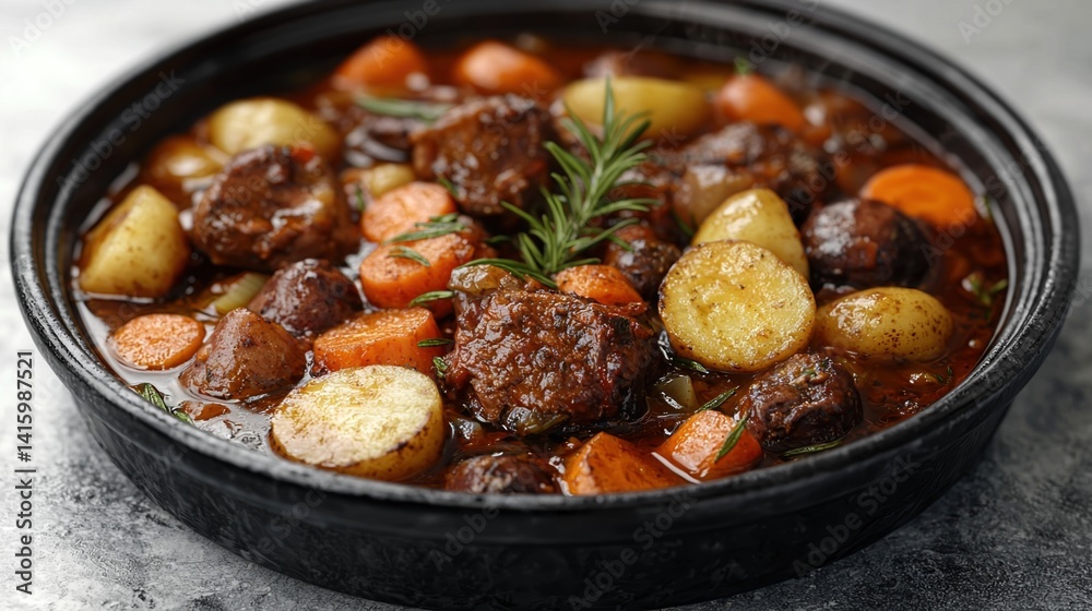 hearty beef stew with potatoes, carrots, and herbs in black bowl, perfect for comfort food hearty beef stew with potatoes, carrots, and herbs in black bowl, perfect for comfort food