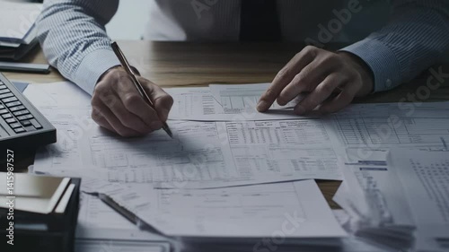 Close-up of professional analyzing financial documents for accurate bookkeeping process