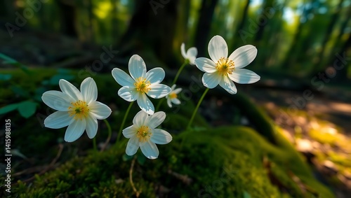 Wallpaper Mural Springtime Serenity: Close-up of Beautiful White Anemone Flowers in Sunlit Forest Torontodigital.ca