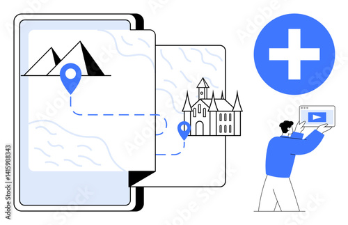 Open digital map with route markers connecting mountains and a castle, plus a person adding media content. Ideal for navigation, travel, exploration, planning, education, tourism, storytelling