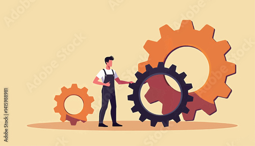 Mechanic adjusting gears in a vector illustration on a beige background  