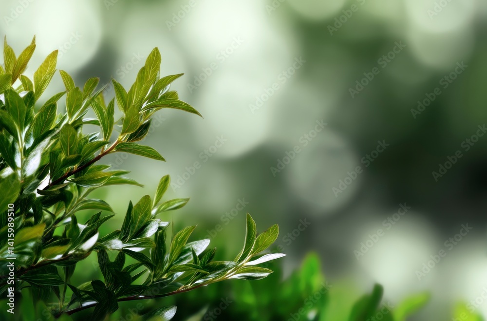 Obraz premium Green Leaves Branch with Bokeh Background Springtime Nature Scene