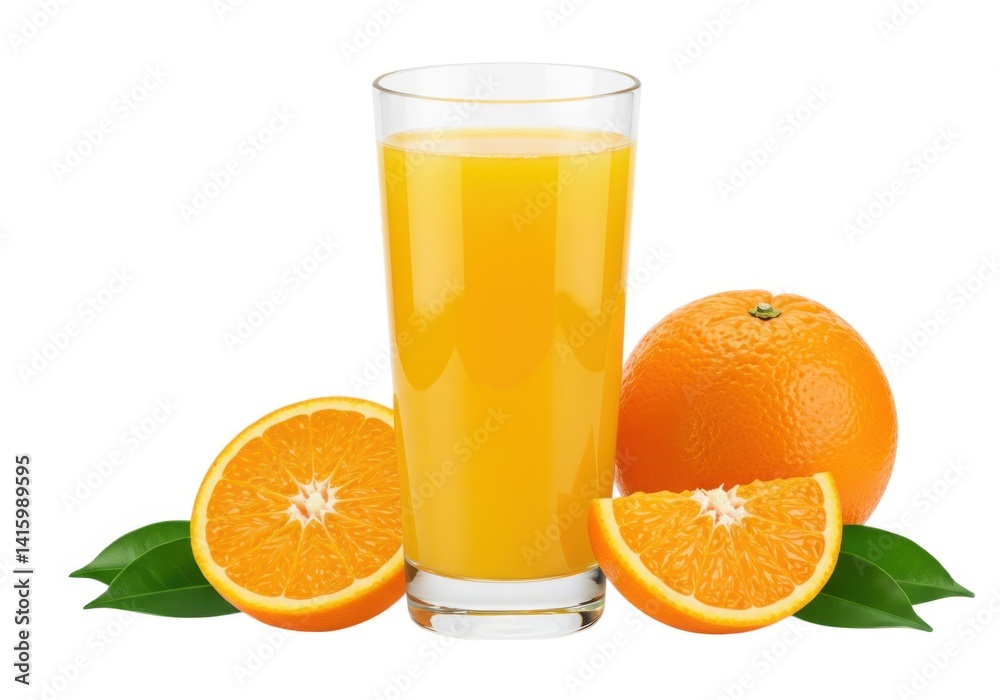 Fresh squeezed juice beverage with oranges and leaves still isolated on white background Fresh squeezed juice beverage with oranges and leaves still isolated on white background