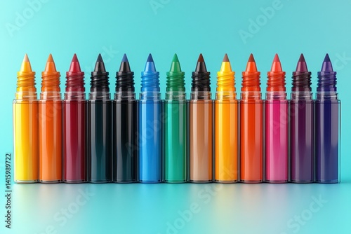 A row of colorful felt tip markers on display