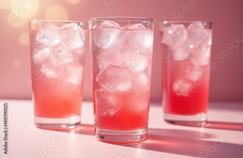 Wallpaper Mural Three glasses of pink lemonade filled with ice cubes. Transparent drink beverage with crystal clear ice in sunlight. Refreshing summer hydration, thirst quencher. Light, bright colors, vibrant. Torontodigital.ca