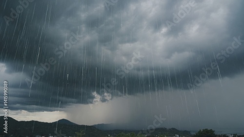 A dramatic scene of a thunderstorm with heavy rain, dark skies and turbulent weather conditions.