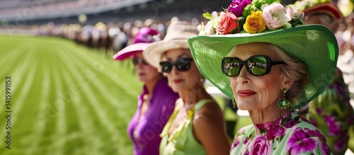 Elegant fashion and style women with colorful hats and attire. Old money and Nobility. Upscale lifestyle, tradition and glamour