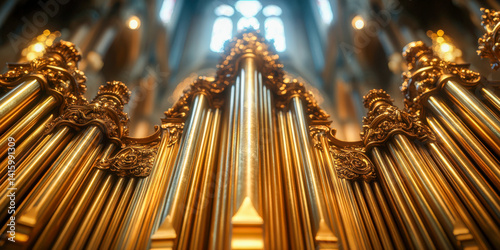 Photorealistic view of ornate church organ pipes showcasing intricate details and stunning craftsmanship