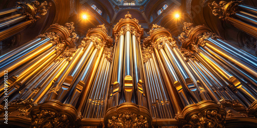 Photorealistic view of ornate church organ pipes illuminating the sacred space with grandeur and artistry