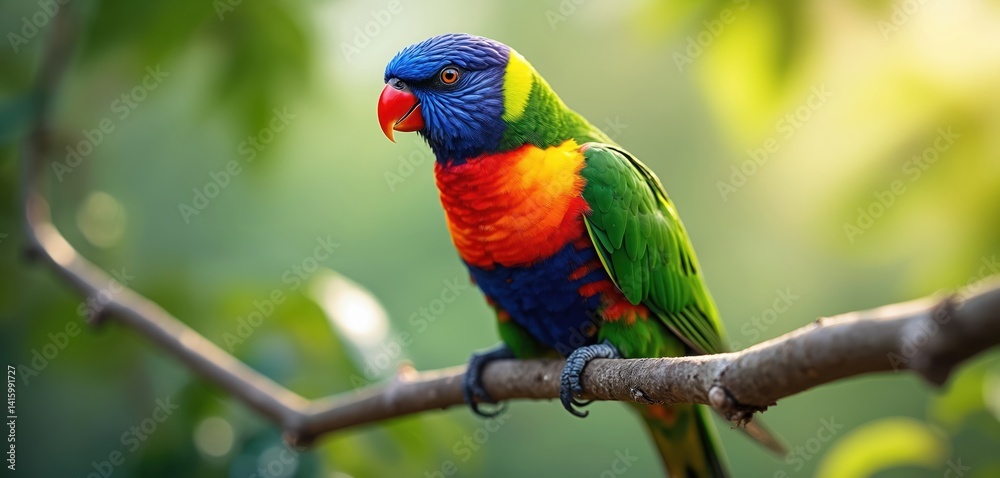 Obraz premium Rainbow lorikeet parrot bird perched on branch. Colorful plumage blue head, red chest, green wings. Exotic tropical wildlife, nature theme. Australia fauna, beautiful illustration, vivid colours,