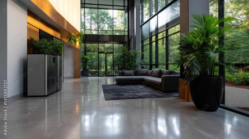 Fototapeta premium Modern, spacious lobby with large windows, offering a tranquil and inviting atmosphere. A comfortable seating area, lush greenery, and polished concrete flooring