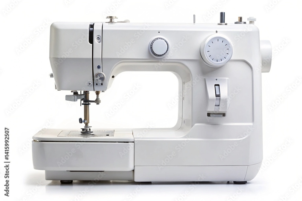 Modern white sewing machine with various knobs and settings, showcasing a simple yet functional design for sewing enthusiasts and professionals Modern white sewing machine with various knobs and settings, showcasing a simple yet functional design for sewing enthusiasts and professionals
