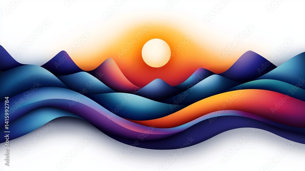 Abstract mountains display vibrant colors with a glowing sun above against a white background.