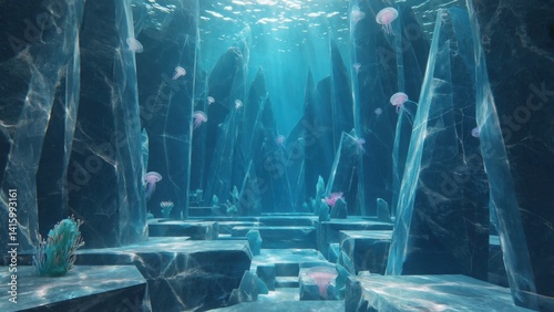 A breathtaking underwater scene showcasing an ice cave filled with crystal formations and vibrant reef life.