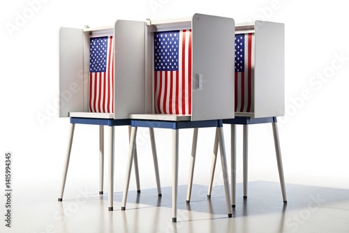 Empty voting booths with American flag backdrops in a contemporary voting center, showcasing a neutral space for democratic participation