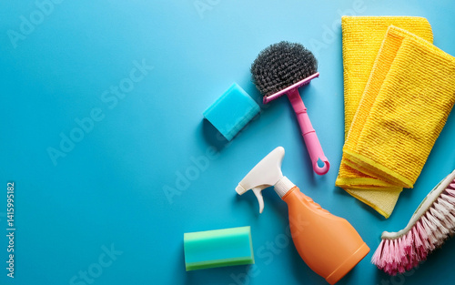 articulos de limpieza de baño cocina casa hogar sobre fondo celeste, espacio para escribir