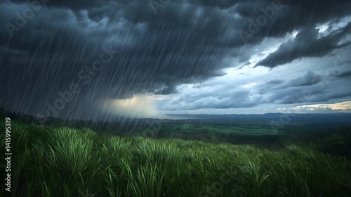 Stormy Meadow: Captivating view of a dramatic weather event unfolds as a torrential downpour blankets a vibrant meadow. Dramatic clouds, nature's display of power and beauty.