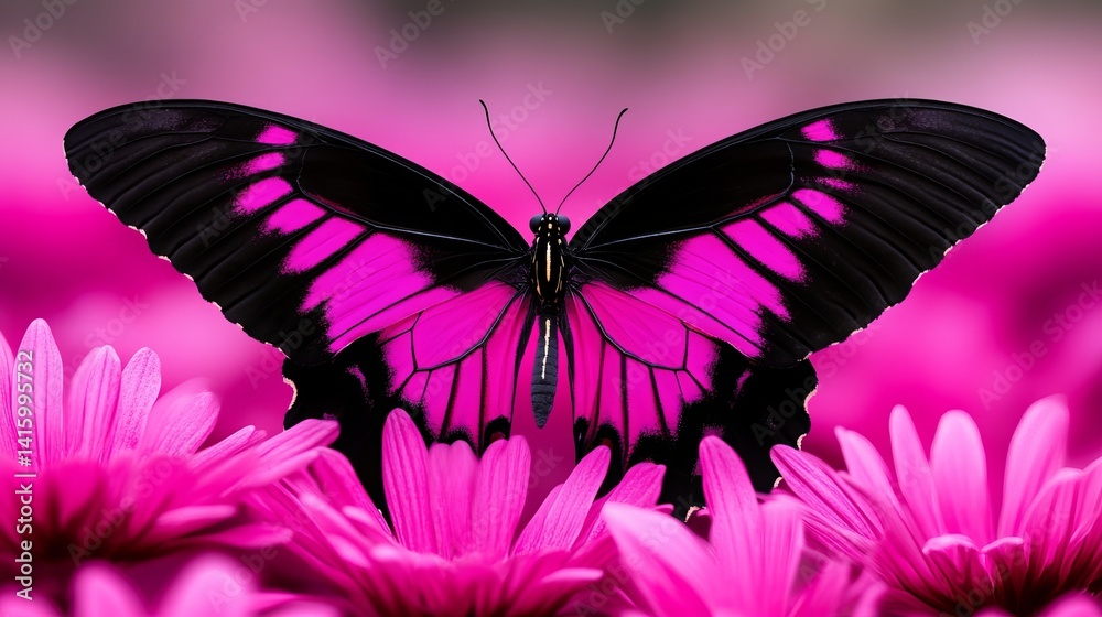 Obraz premium Butterfly displays vibrant pink and black wings while perched atop vivid magenta flowers in a blurred floral field.