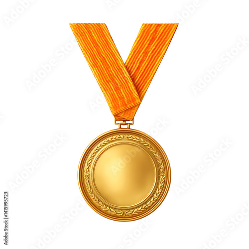 A gleaming gold medal with an orange ribbon hangs against a black background perfect for award ceremony graphics