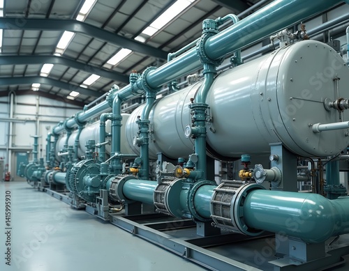 Reverse osmosis water treatment plant at industrial zone. Modern filtration equipment, water purification system. Cylindrical tanks, pipes, pressure pumps, filters. Sustainable technology for clean