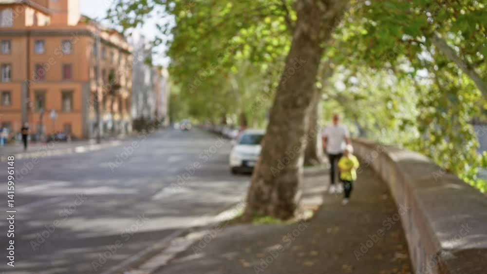 Defocused view of man and child walking along sunny street in rome italy with trees and historic buildings in the background. Defocused view of man and child walking along sunny street in rome italy with trees and historic buildings in the background.