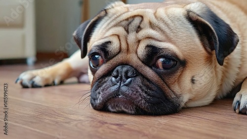 A happy and relaxed pug with droopy ears, lying down indoors.